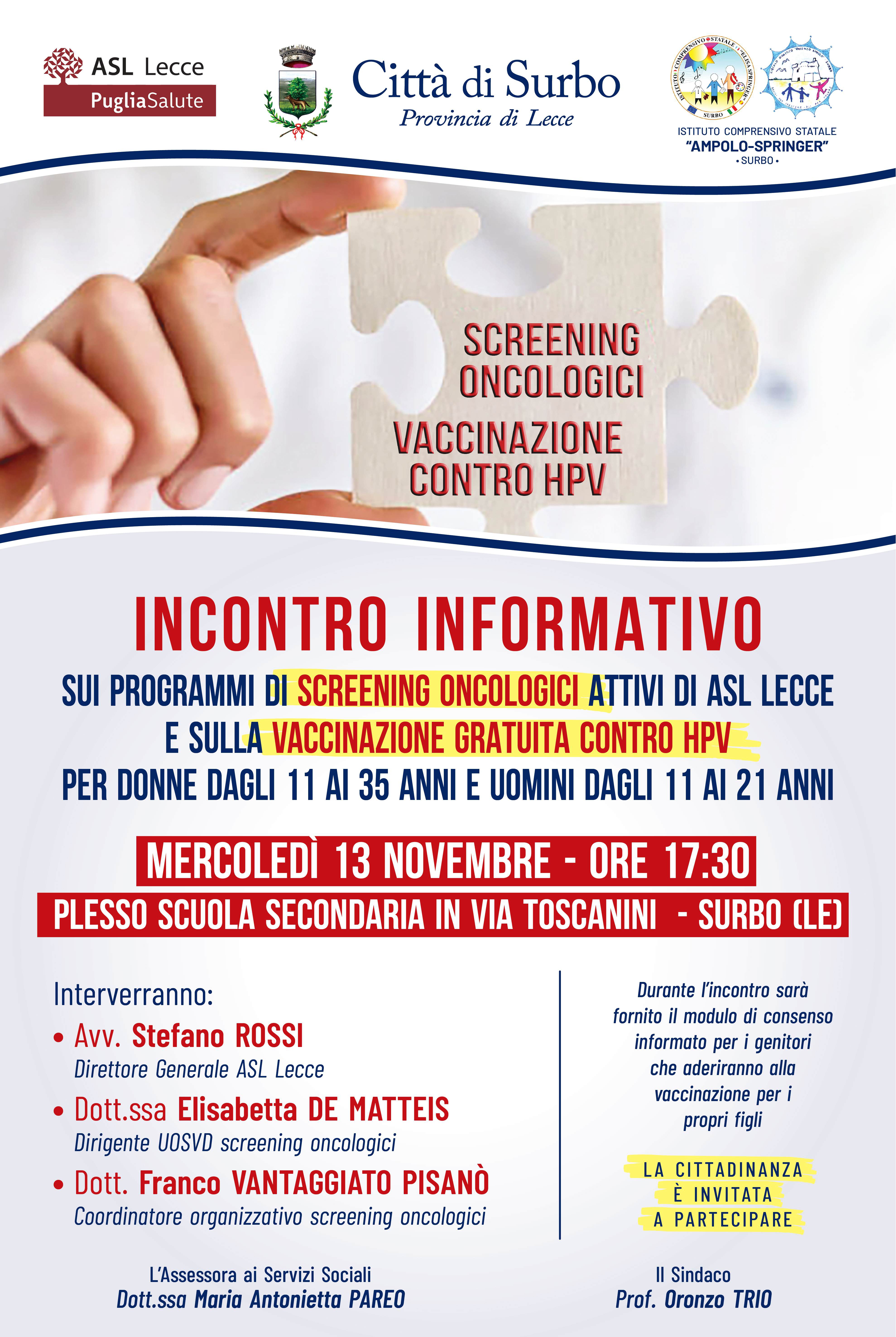 Evento di sensibilizzazione e vaccinazione contro HPV presso il locale Istituto Scolastico.
