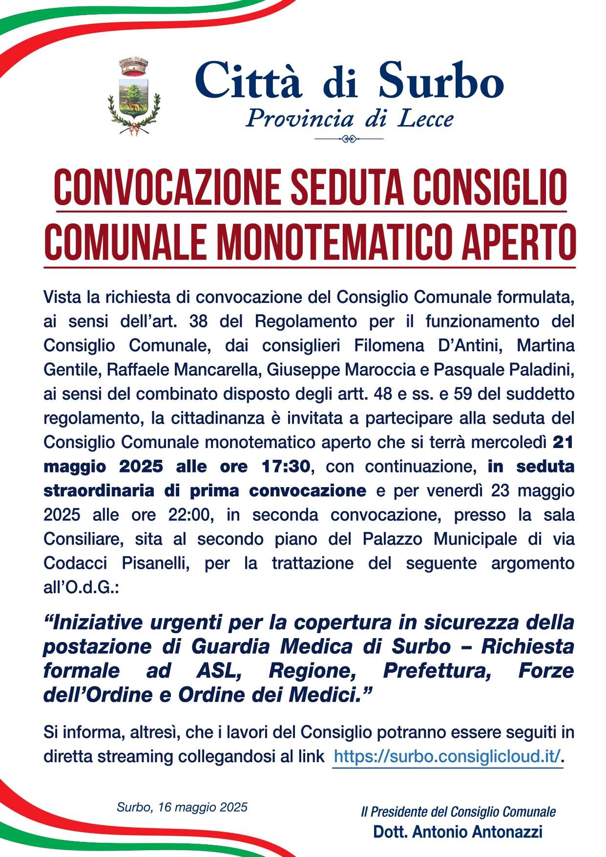 CONVOCAZIONE SEDUTA CONSIGLIO COMUNALE MONOTEMATICO 21 MAGGIO 2025
